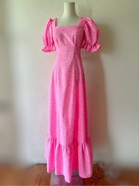 Vintage 70s Handmade Bright Pink Floral Empire Waist Maxi Prairie Dress